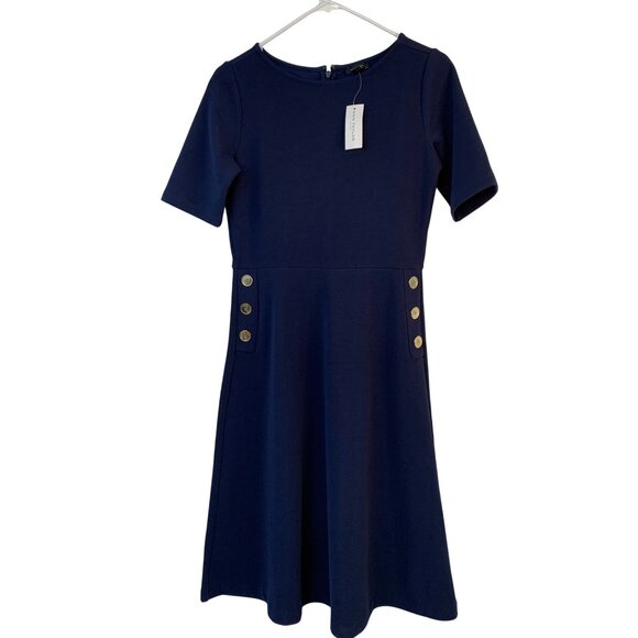 NWT Ann Taylor Factory Womens Navy Blue Button-Detail Fit & Flare Dress Size 0 - Picture 1 of 7